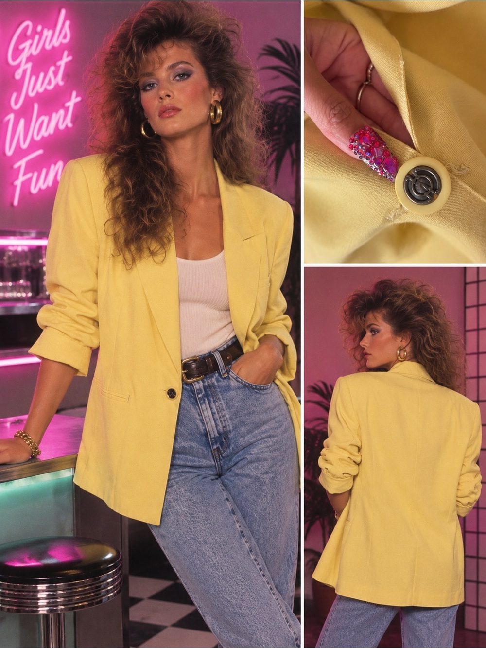 Bobbie Brooks Vintage Retro 80s Bright Yellow Chartreuse Oversized Blazer Jacket